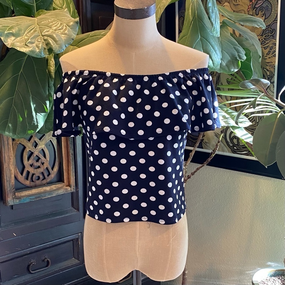 Young Fabulous and broke Navy & White Off Shoulder Ruffle Peasant top